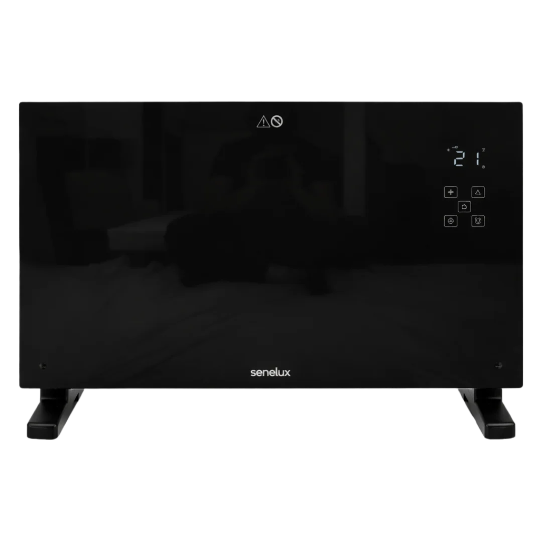 Senelux black glass panel heater with its original feet, display and logo