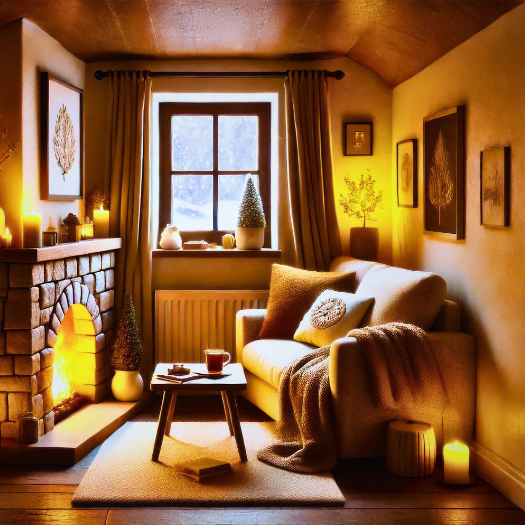 A sofa in a loft living room of a cottage in front of glowing fireplace and a coffee table with a steamy drink on it