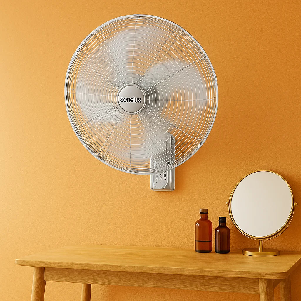 Wall-mounted fan on an orange wall with a wooden table and decorative items.