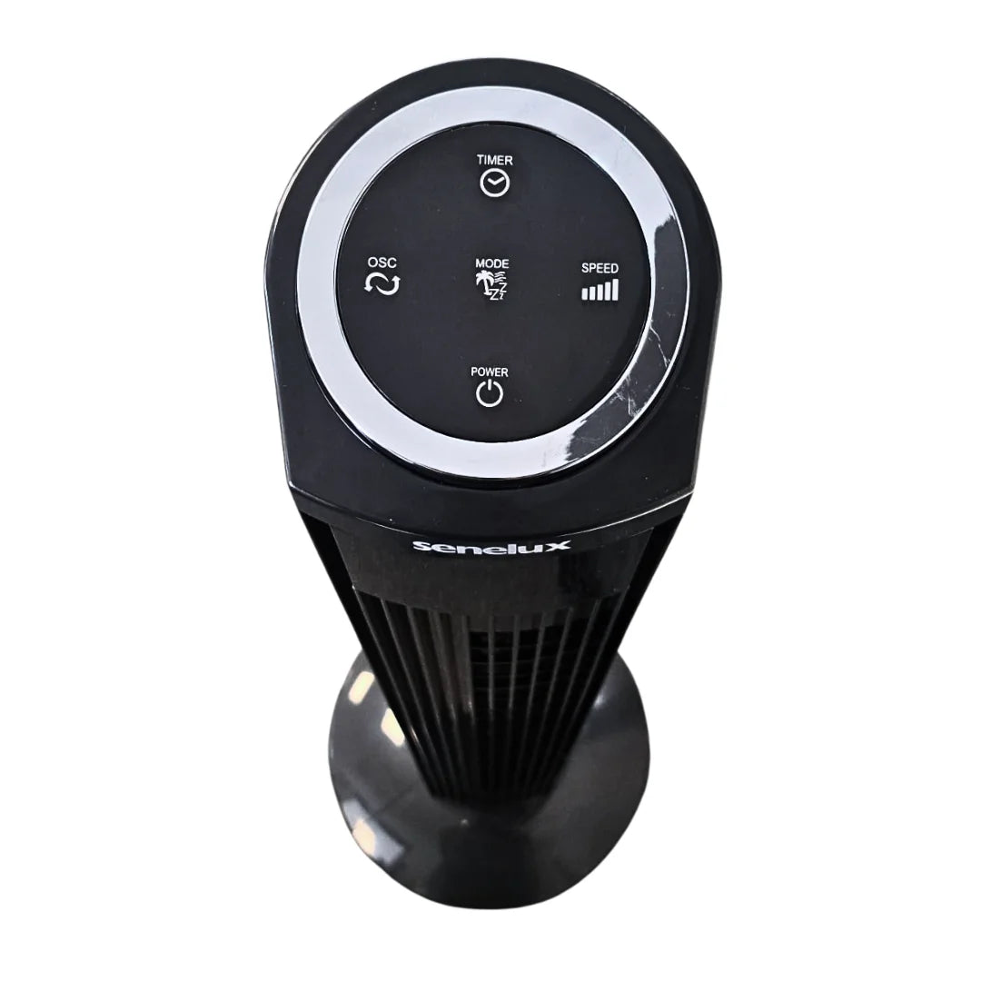 Black tower fan with control panel on a white background