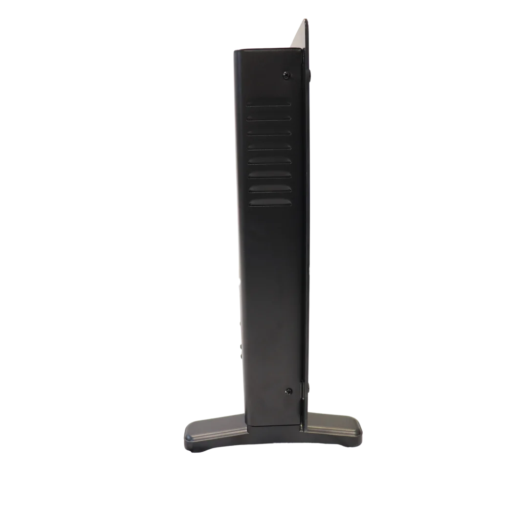 The thin side of the black glass panel heater with the freestanding feet attached