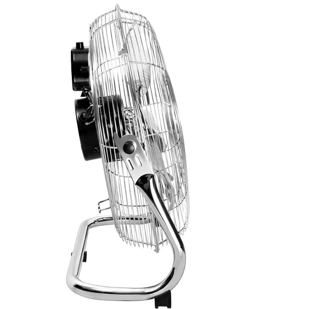 Wall-mounted fan with metallic finish on a white background