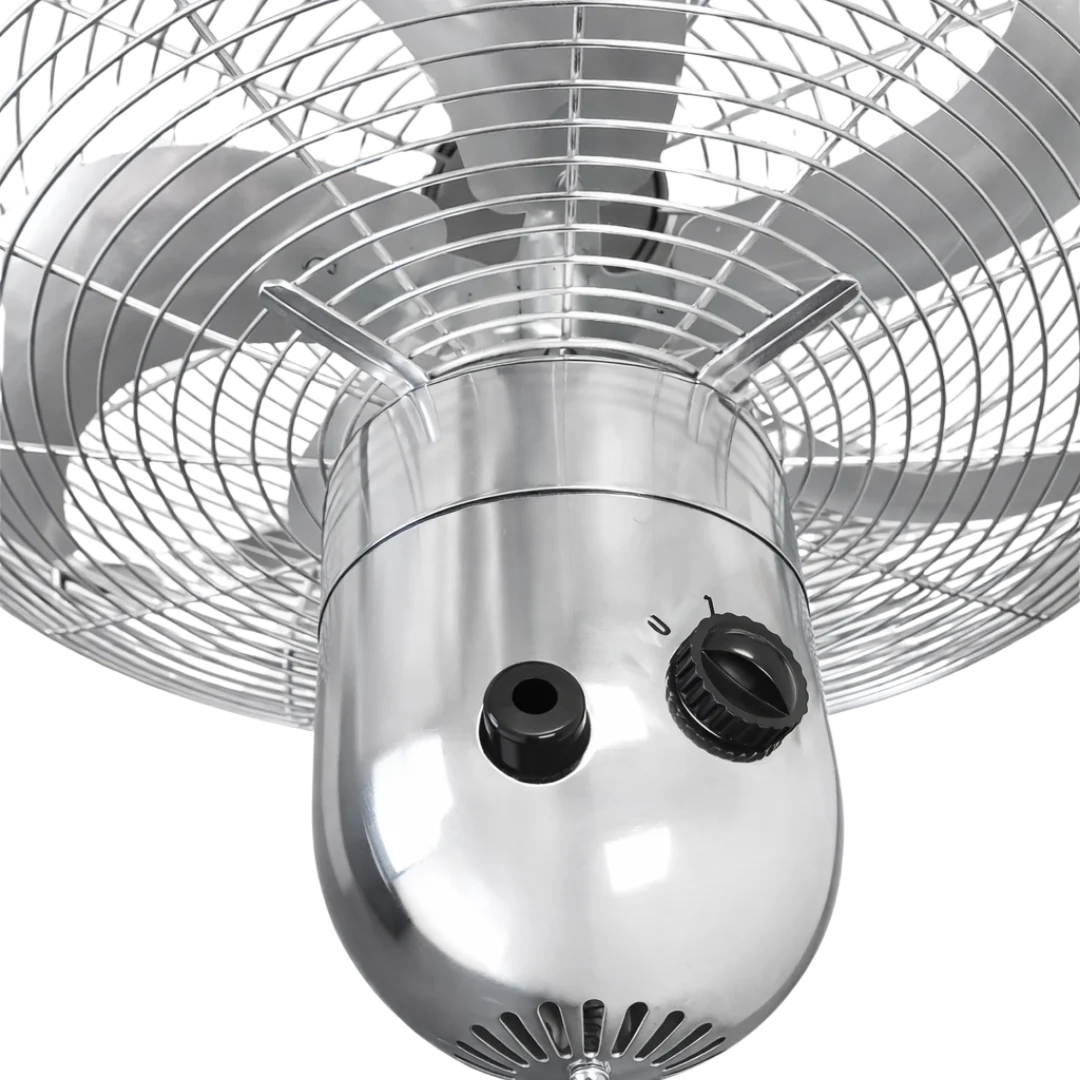 A close up of the back motor of a chrome pedestal fan with a speed dial and lever