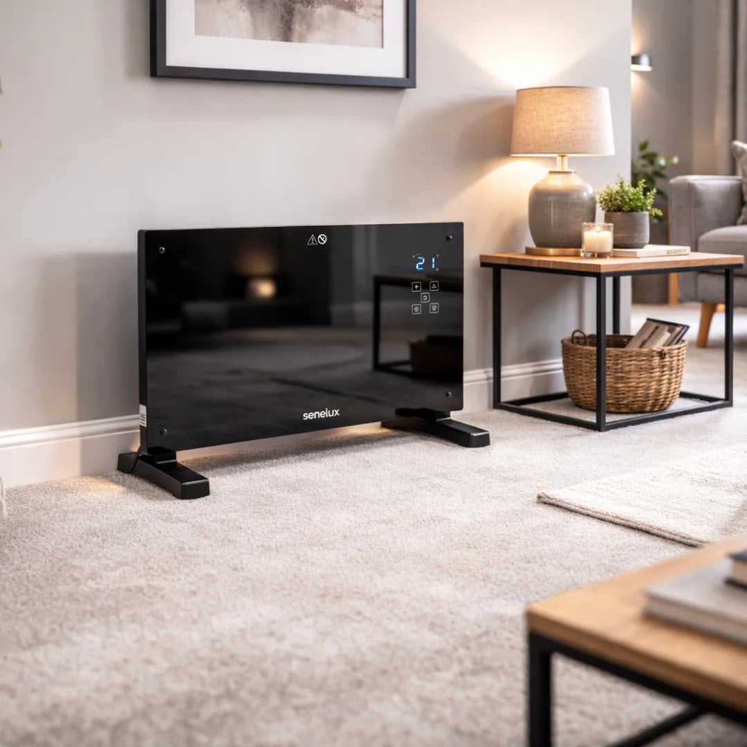 Black electric heater in a living room setting with a lamp and decor items.