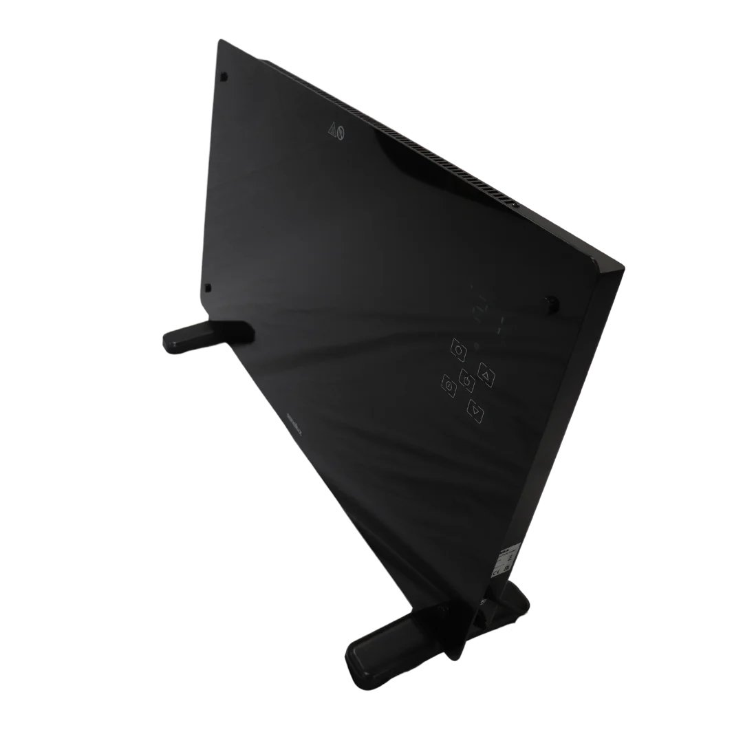 The black glass panel heater shown from a diagonal point of view