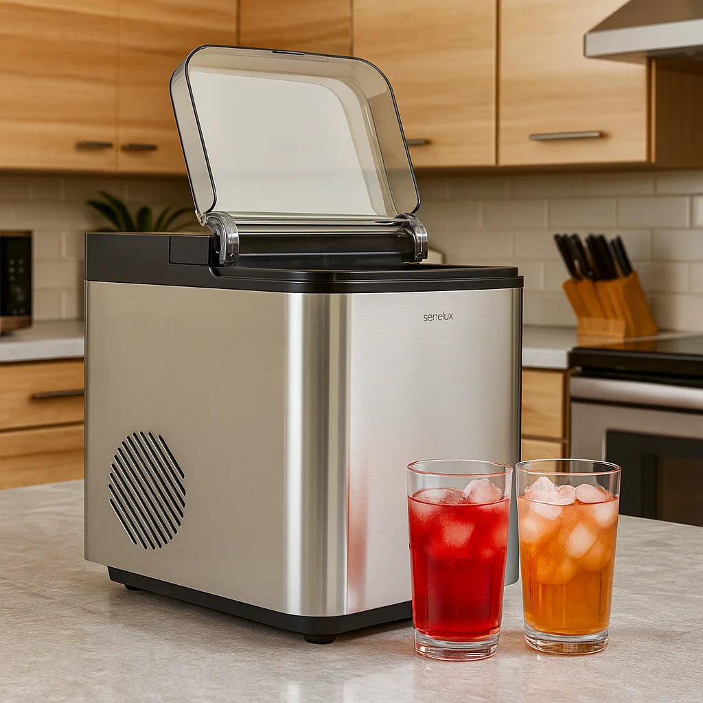 Stainless steel ice maker on a kitchen counter with two glasses of iced drinks.