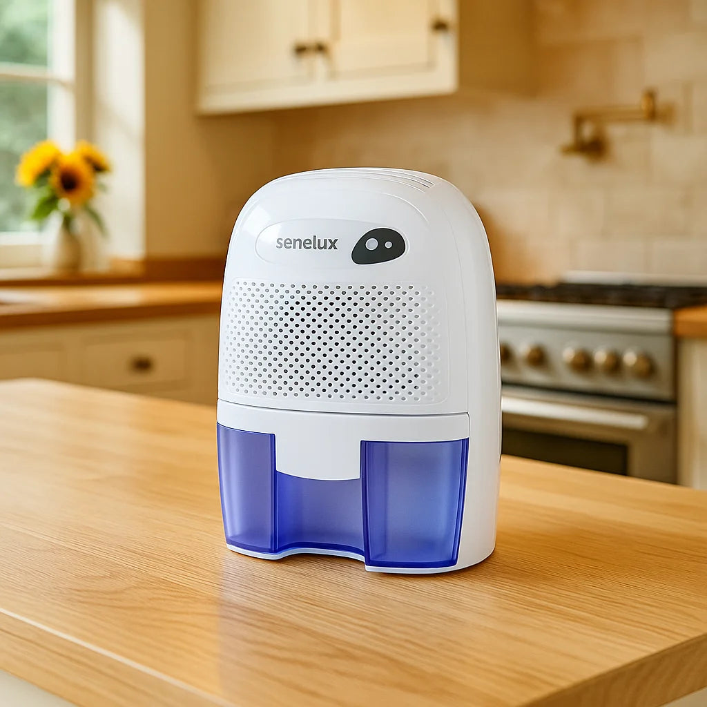Senelux dehumidifier on a kitchen counter with cabinets and appliances in the background