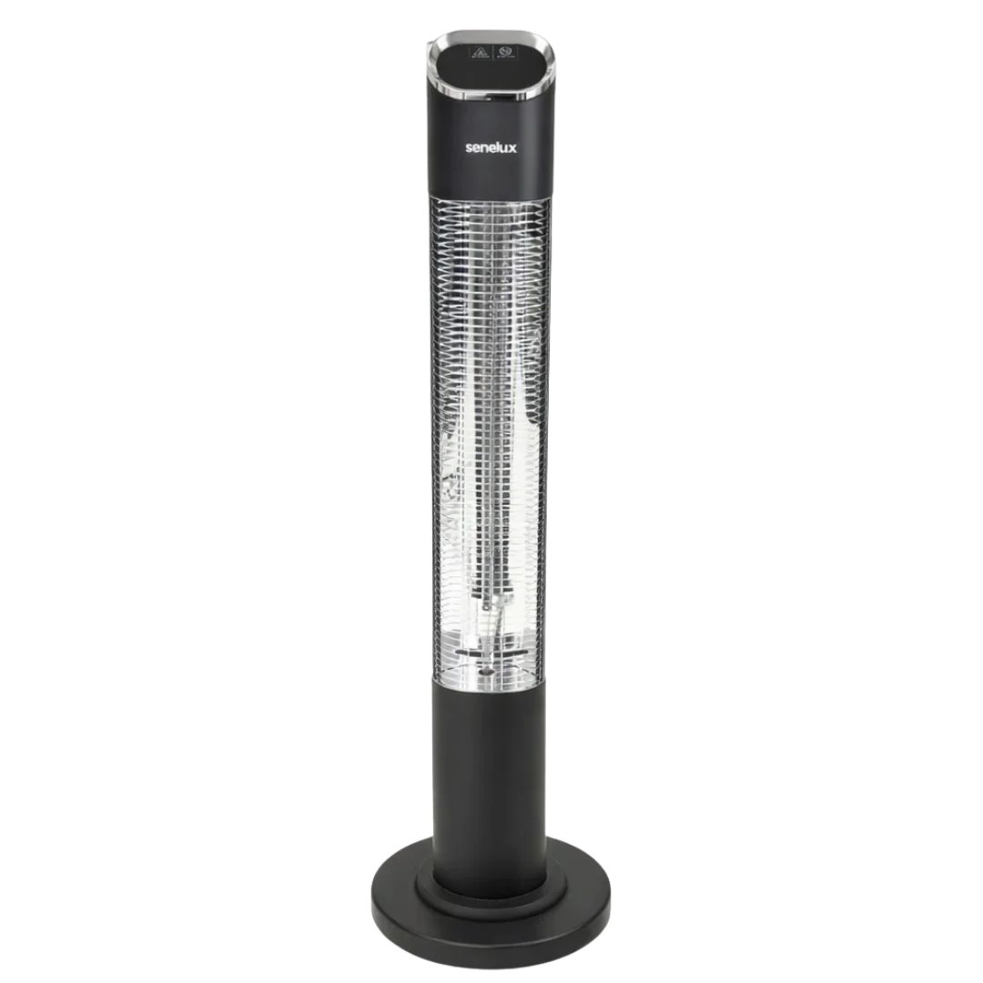 Black tower heater with Senelux branding on a white background