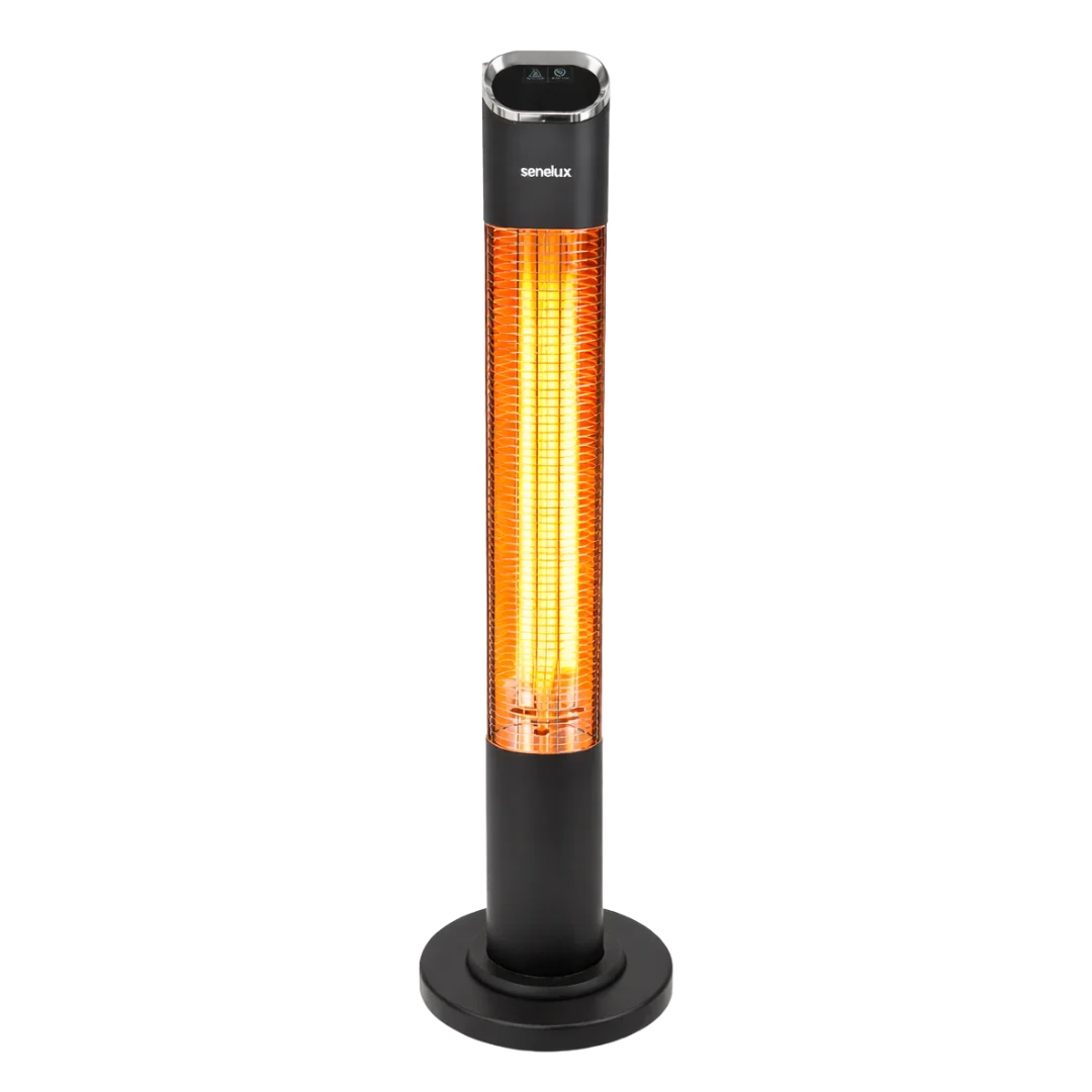 Black patio heater with orange light on a white background