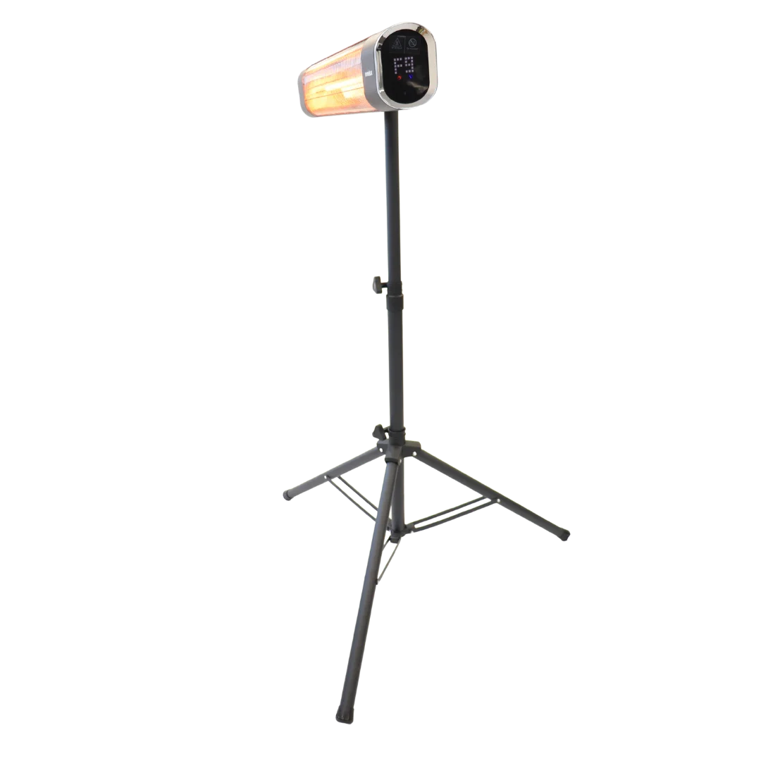 A black outdoor heater mounted on a tripod with the control panel switched on