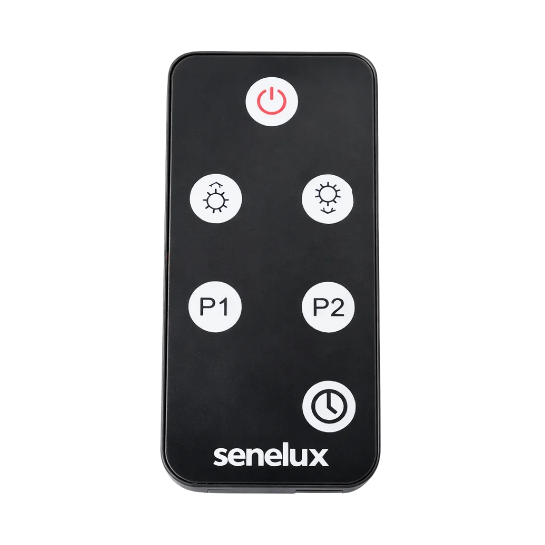 Black remote control with white icons and 'senelux' branding on a white background