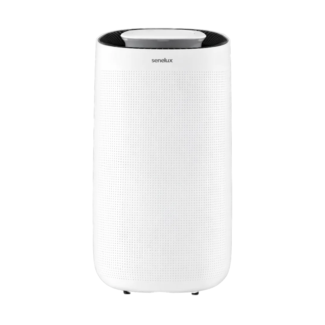 White air purifier with black top on a white background
