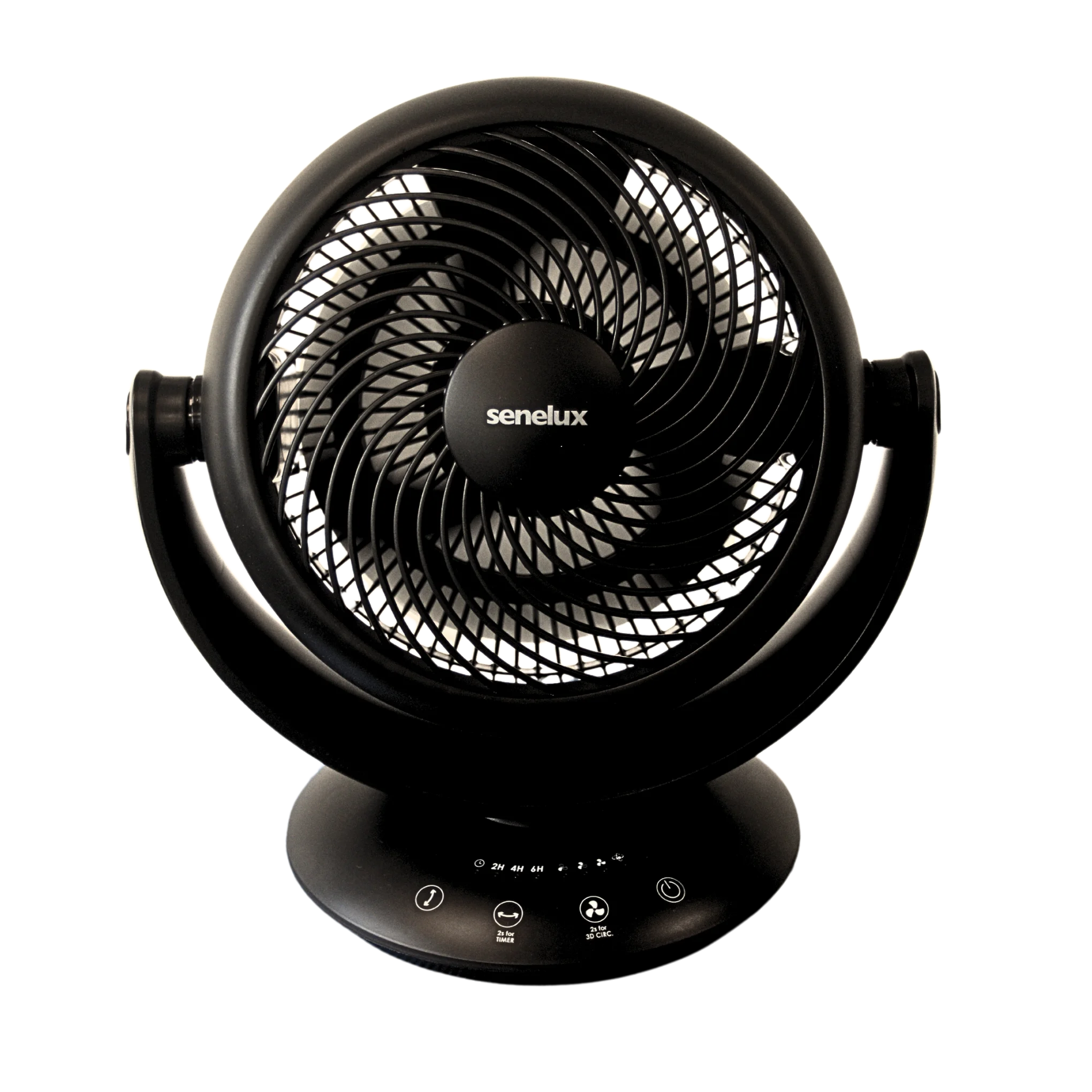 Black fan with 'senelux' branding on a white background