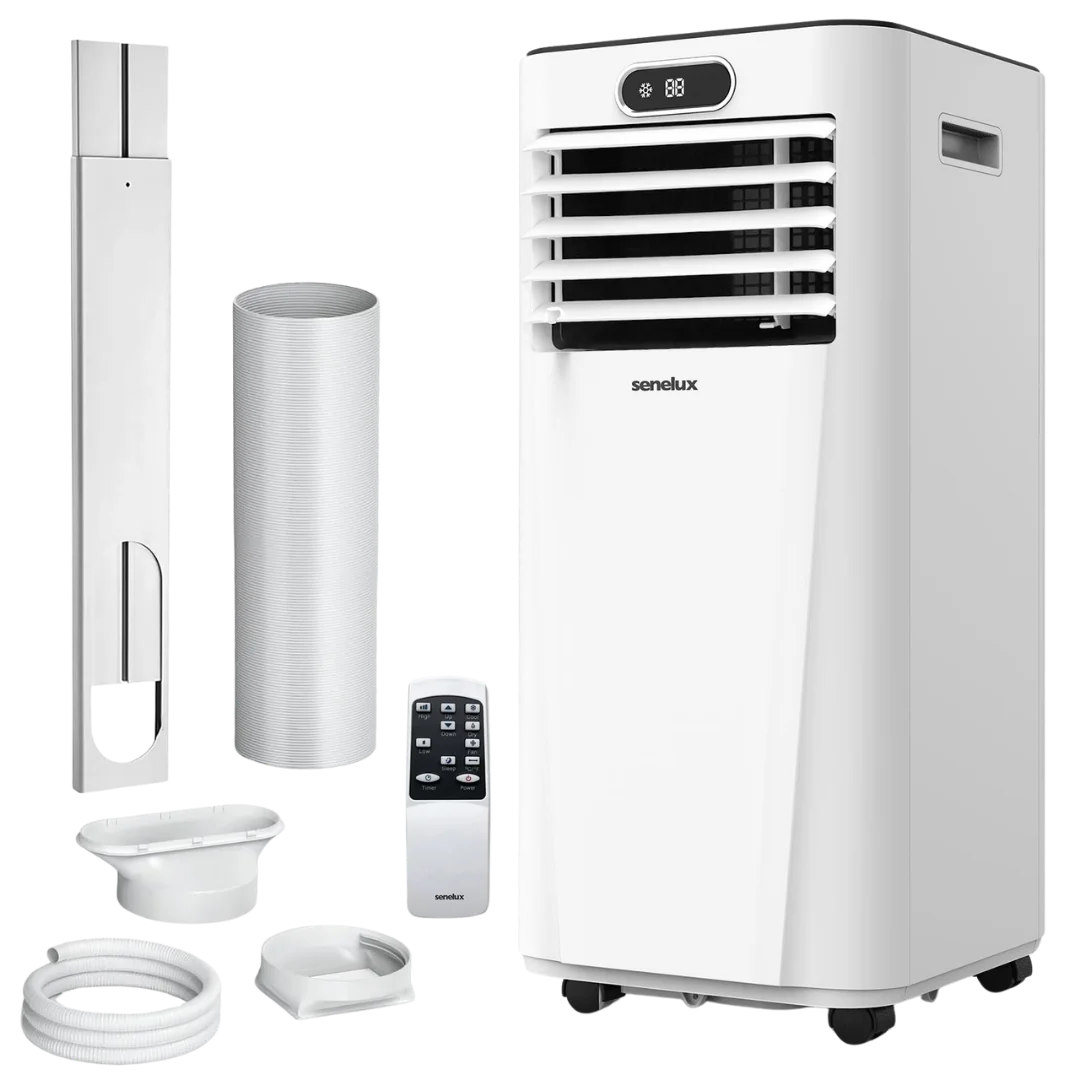SeneLUX portable air conditioner with accessories on a white background