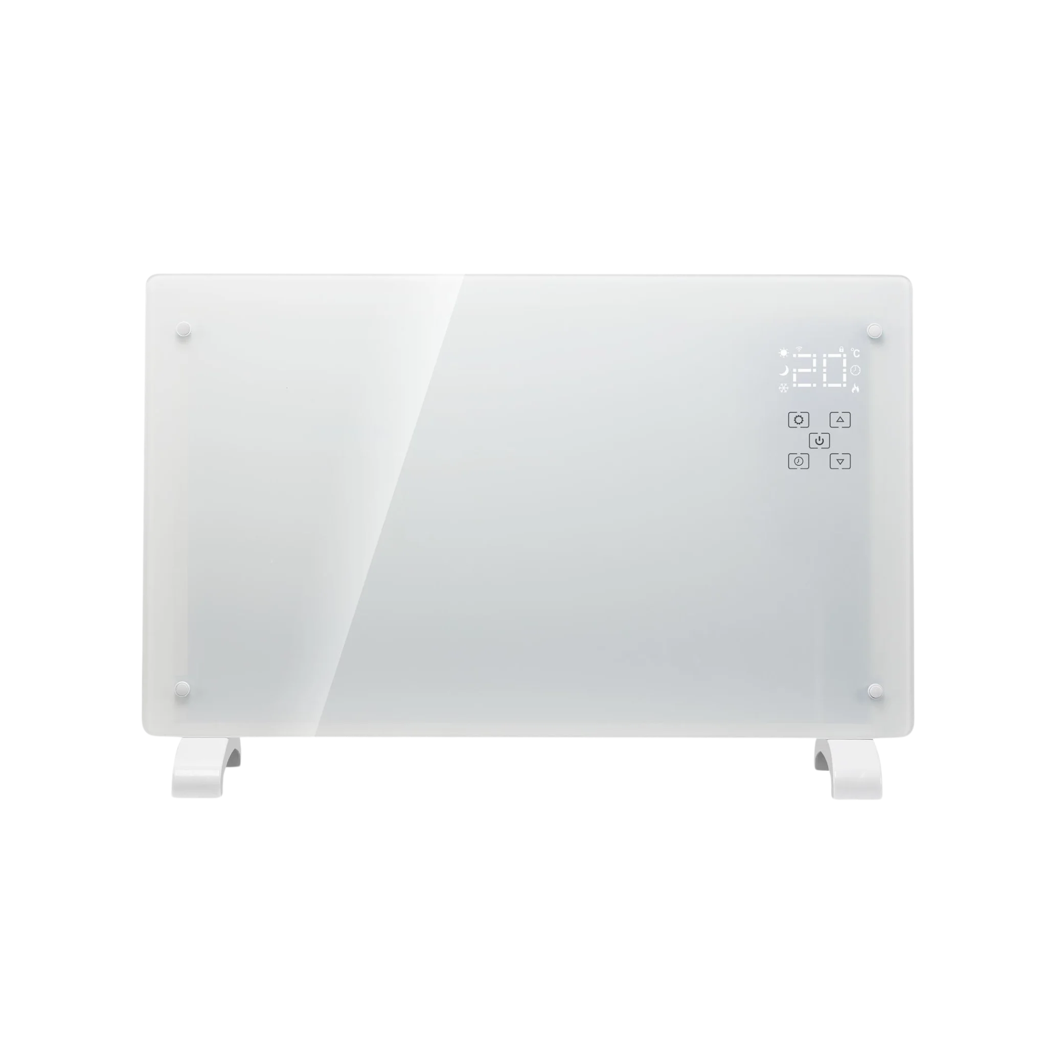 A picture of a white Senelux Glass Panel Heater with the control panel on the left side lit by an LED display.