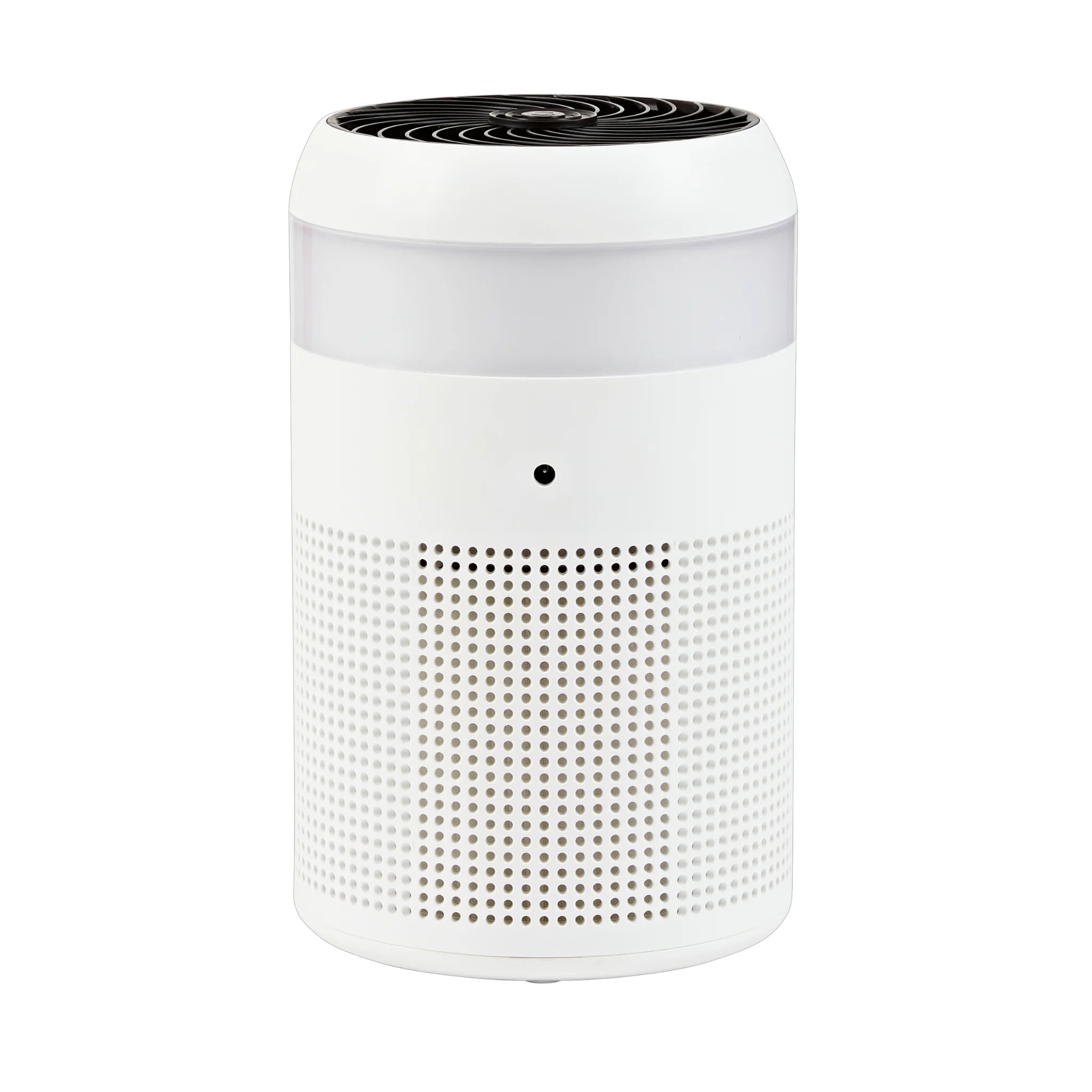 The back of a Senelux HEPA Air Purifier with air filtration holes and purification fan on top. An energy efficient power cord fitting can be seen.