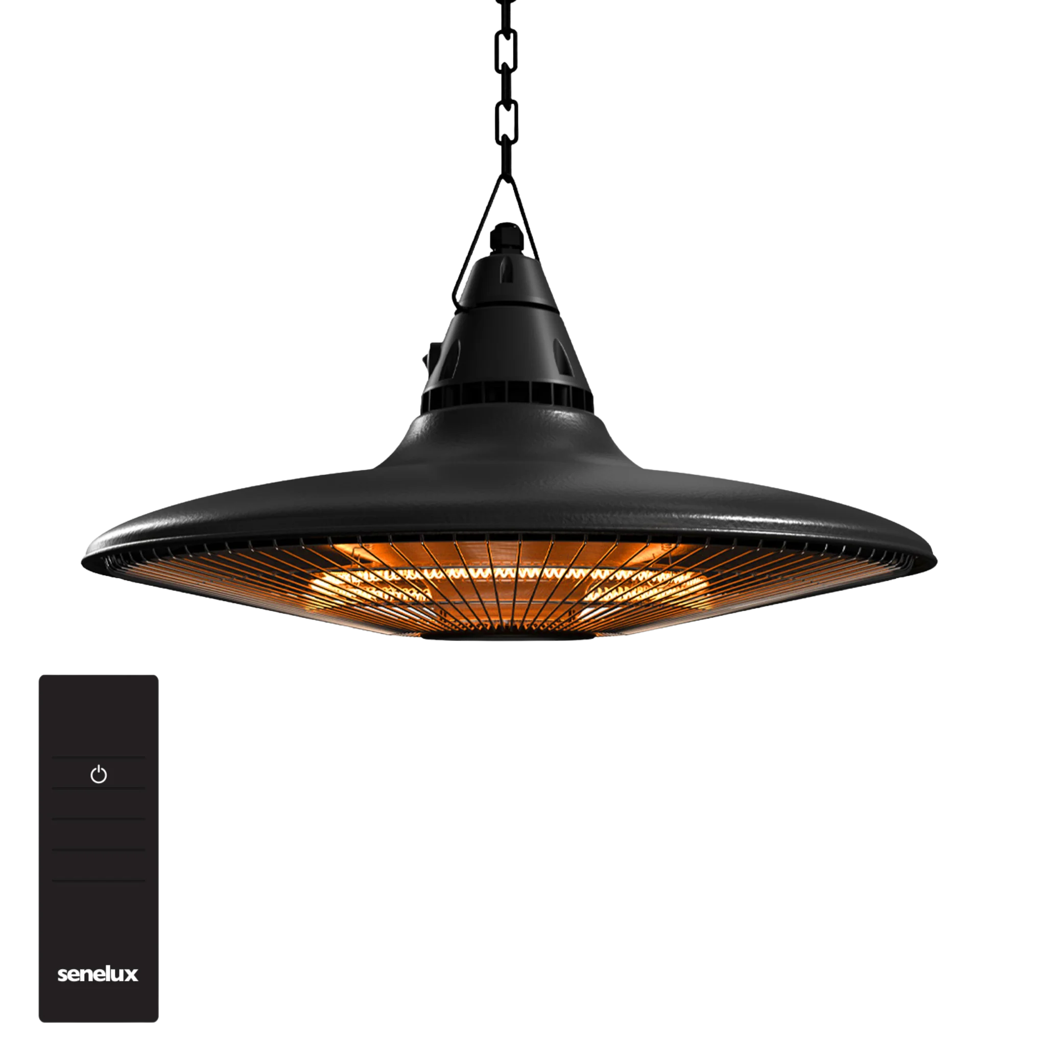 Black pendant lamp with visible heating element and Senelux remote control on a white background