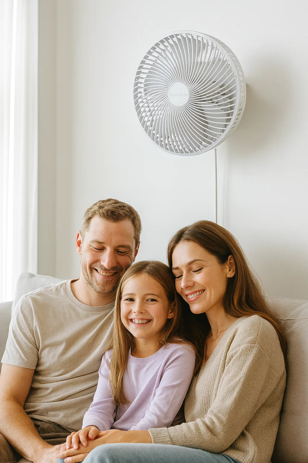 Family of three sitting together on a couch with a wall-mounted fan above them.