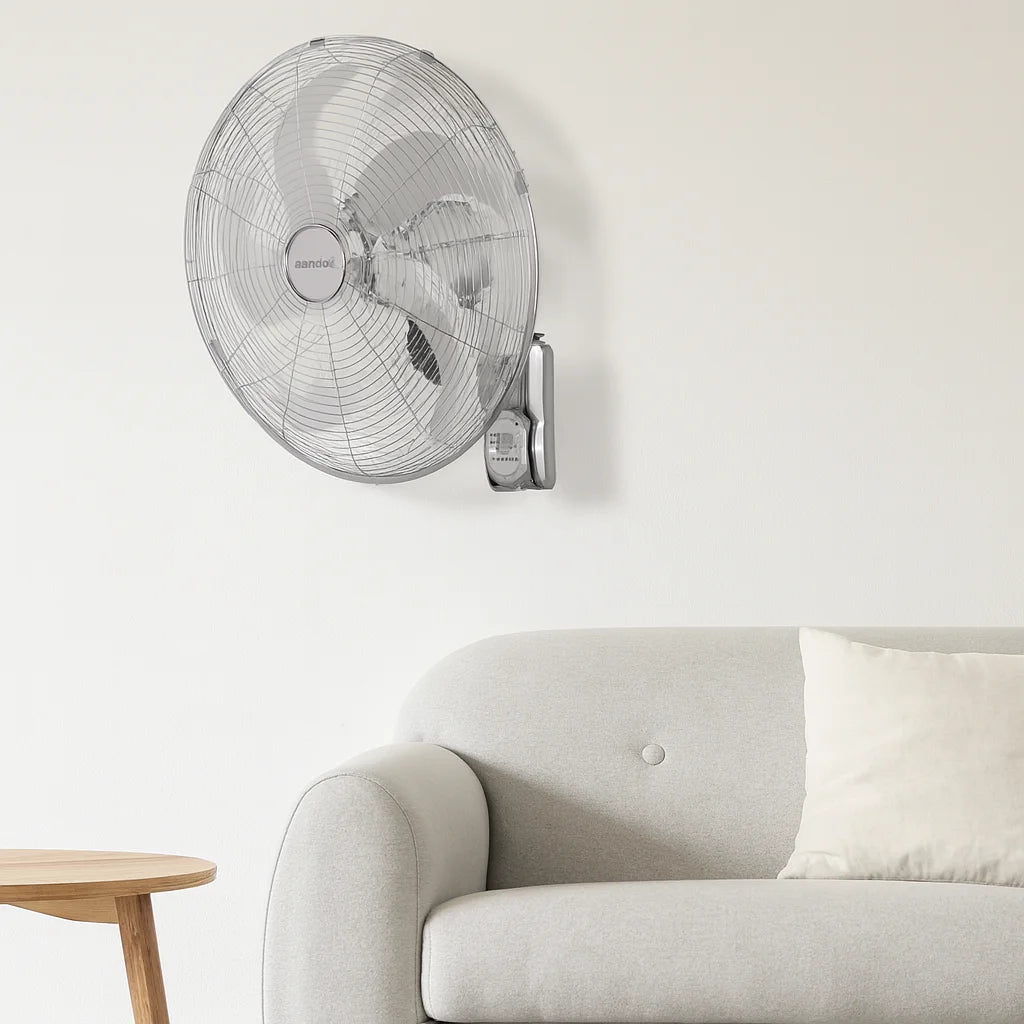 Wall-mounted fan in a living room with a sofa and table.
