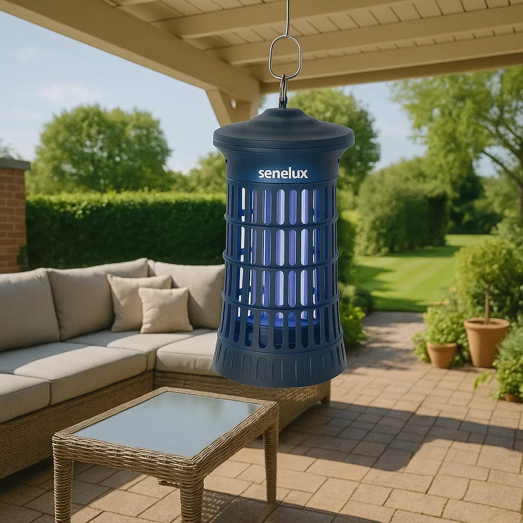 Blue Senelux outdoor mosquito light hanging on a patio