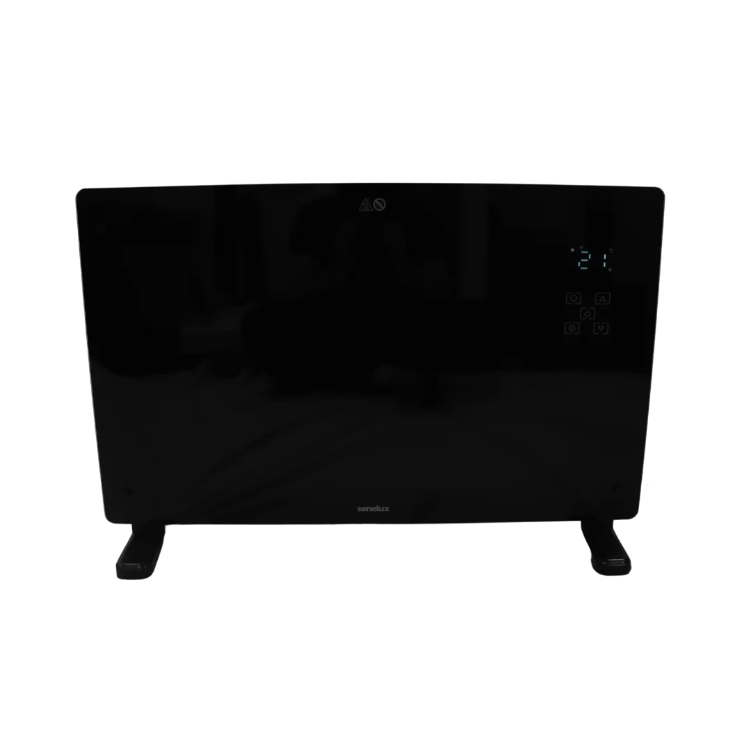 The black glass panel heater with the LED display on showing 21 degrees in the room