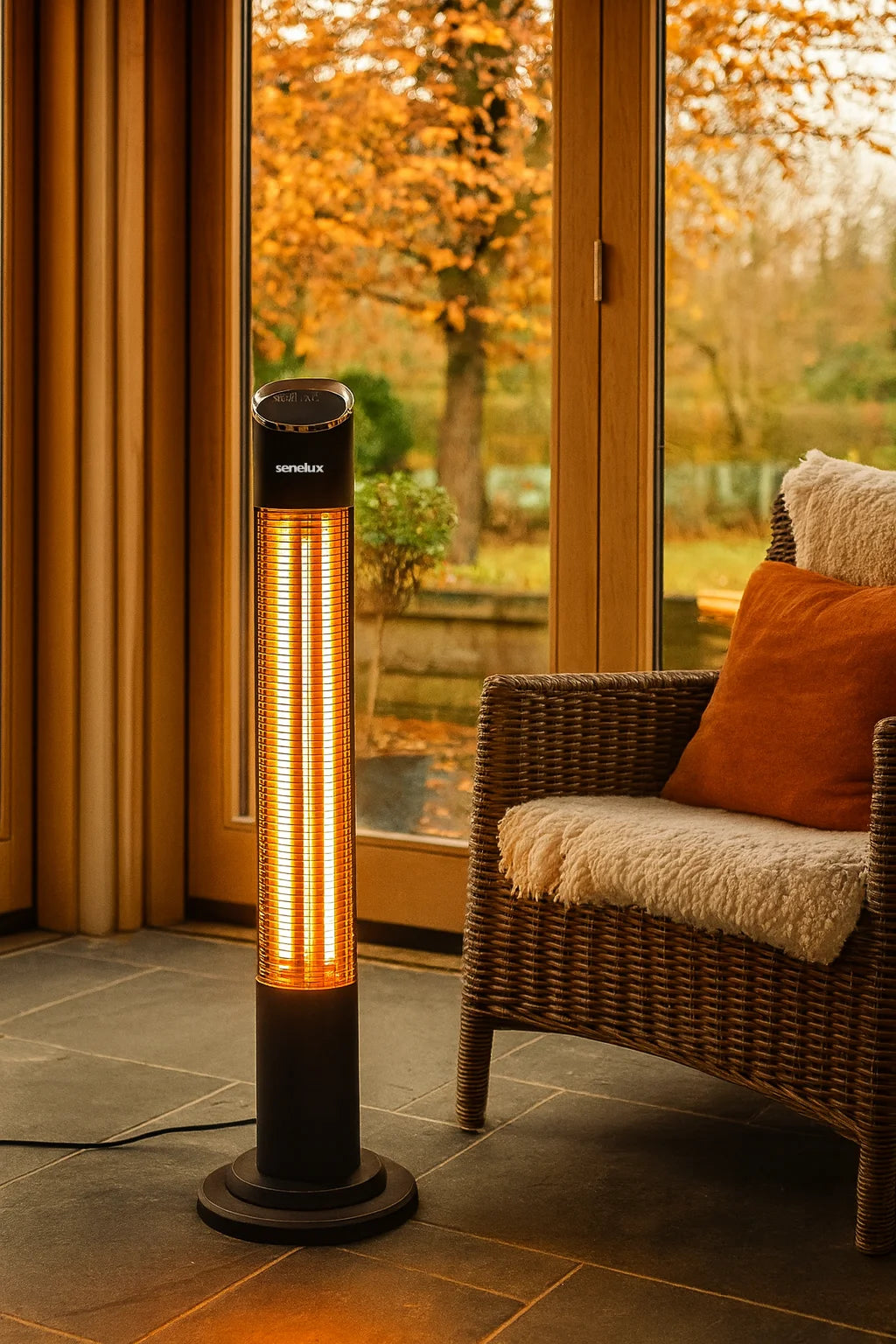 Tall outdoor heater in a patio setting with a chair and cushions.