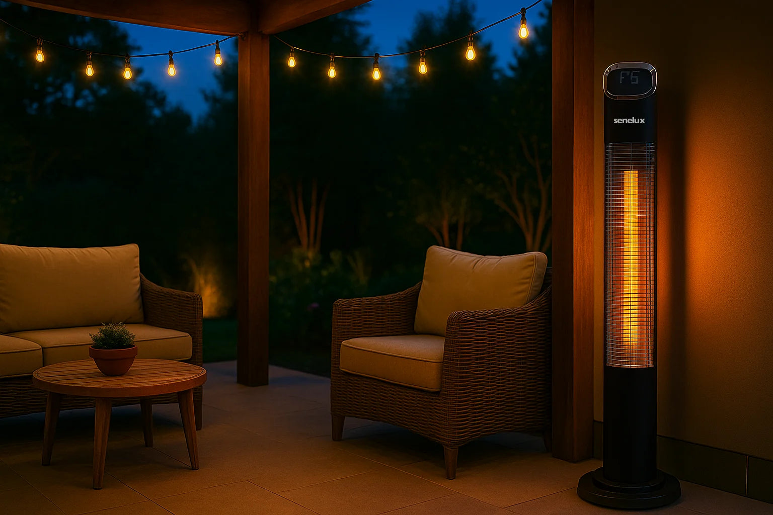 Outdoor patio scene with a heater illuminating a sitting area under string lights.
