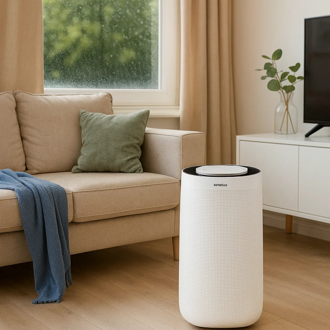 White air purifier on a wooden floor in a living room with a beige sofa and window.