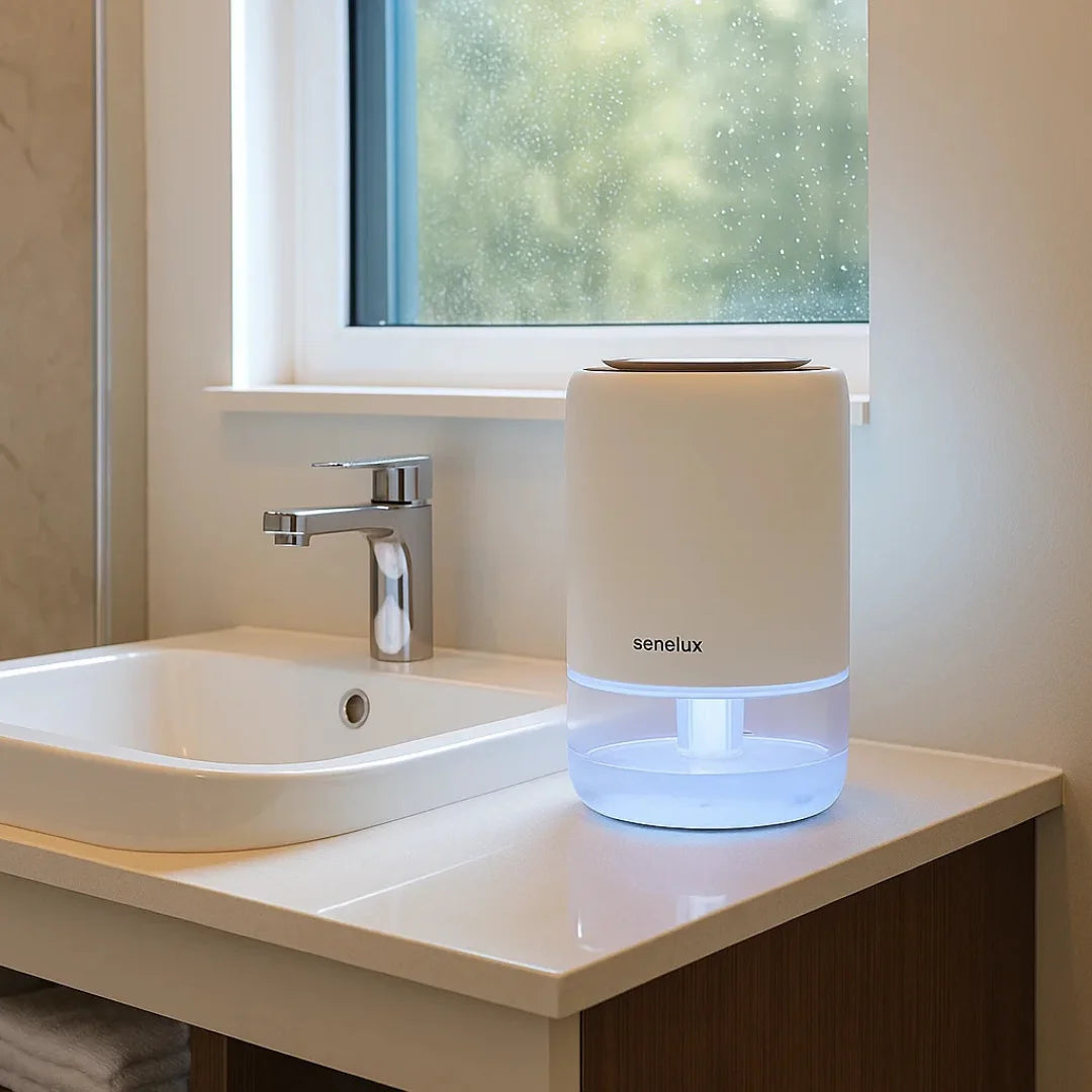 Seneilux humidifier on a bathroom counter next to a sink with a window in the background.