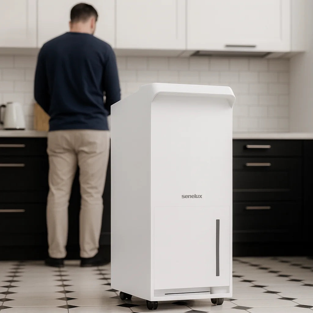 White Senelux appliance in a kitchen setting with a person standing nearby.