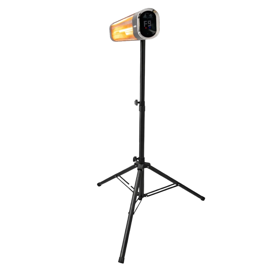 Portable outdoor heater with a tripod stand on a white background