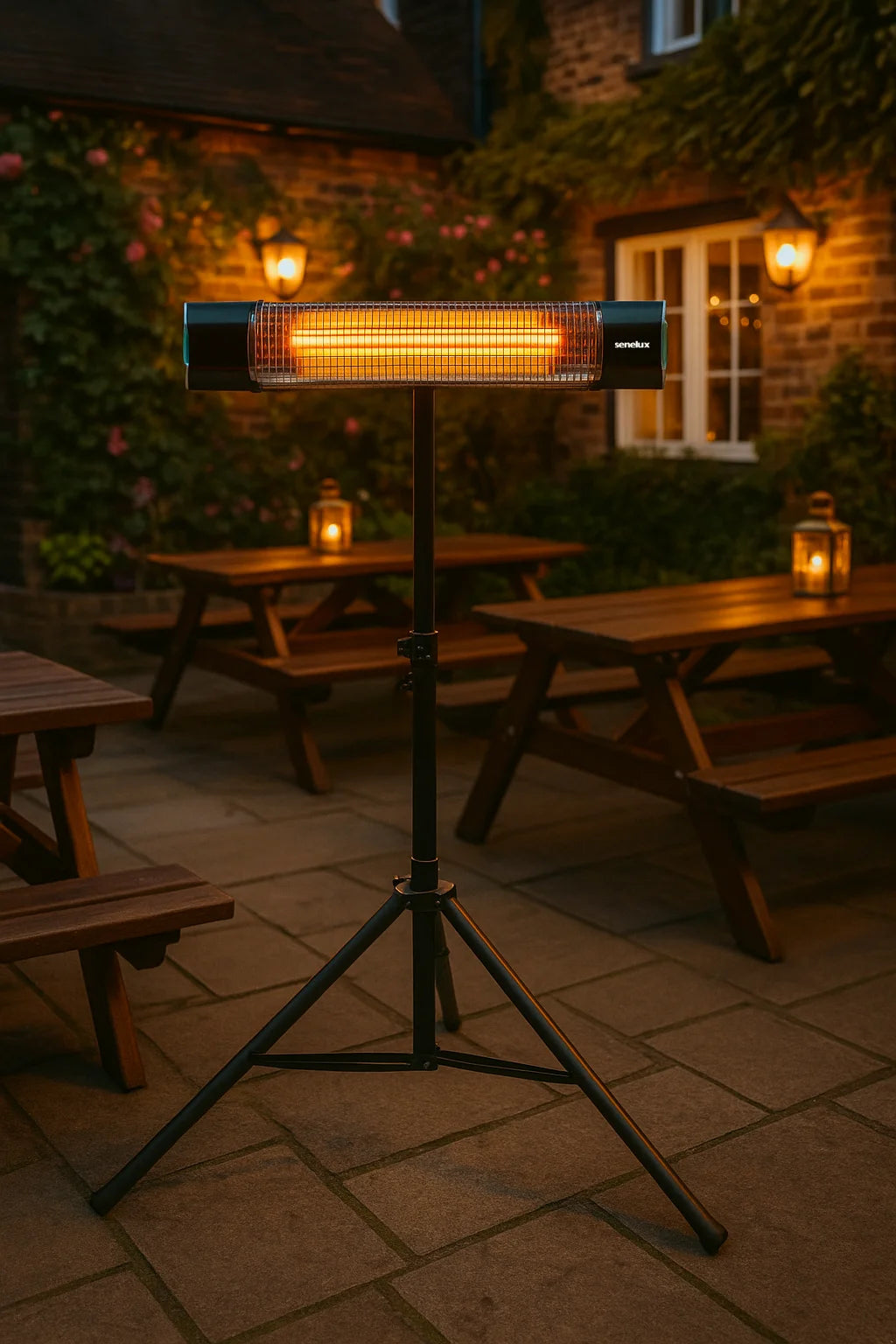 Outdoor patio heater on a stand with picnic tables and lanterns in the background.