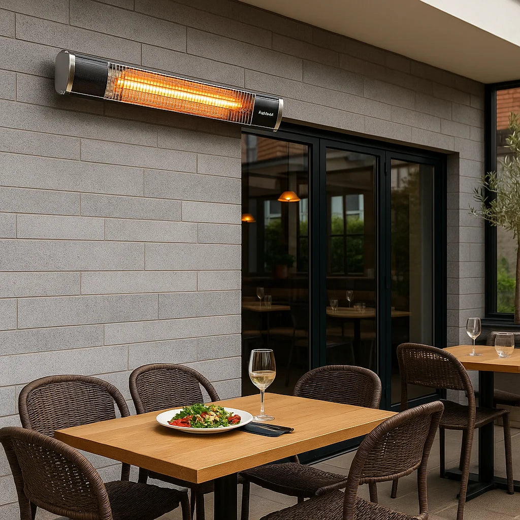 Outdoor patio with table, chairs, and a wall-mounted heater on a stone wall.