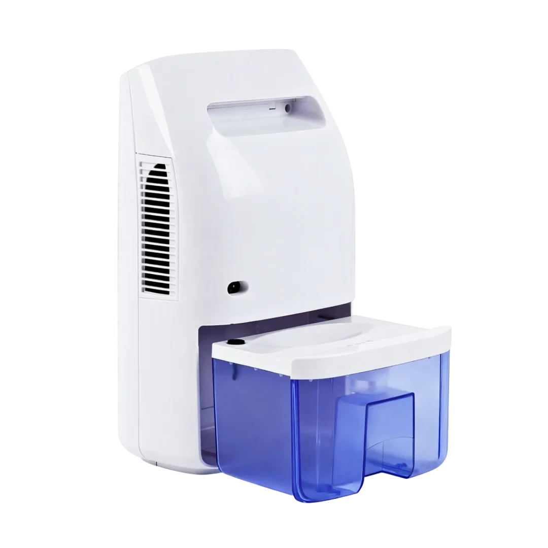 White and blue dehumidifier on a white background