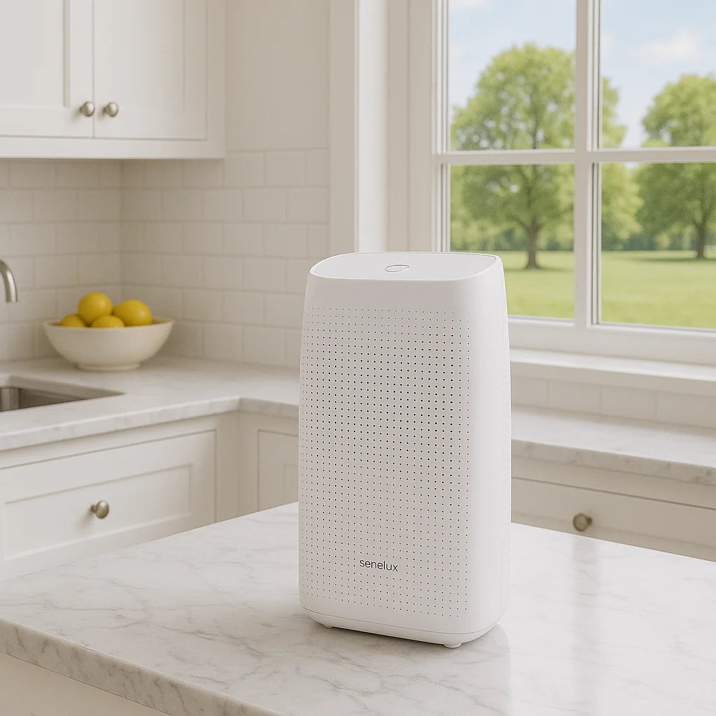 White Seneflux air purifier on a kitchen counter with a window view of greenery.