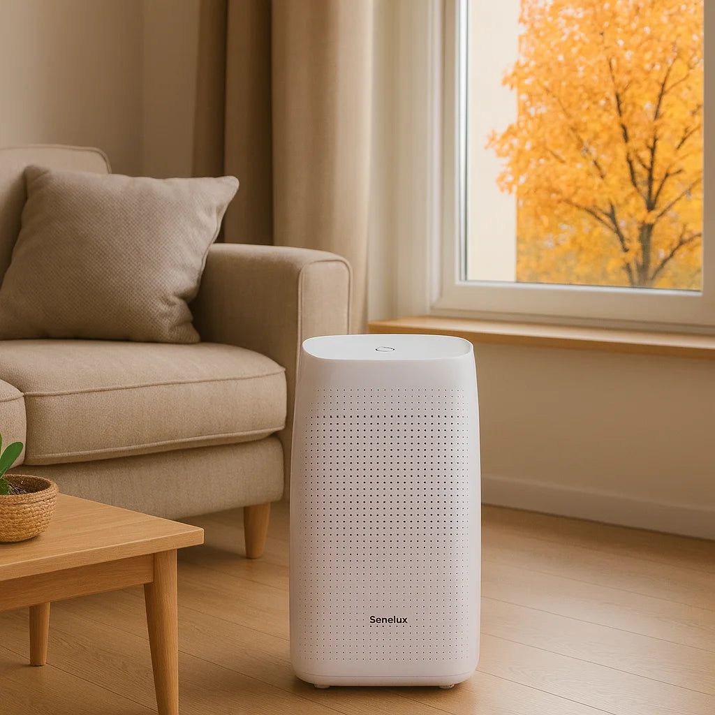 White air purifier on a wooden floor with a beige couch and window in the background