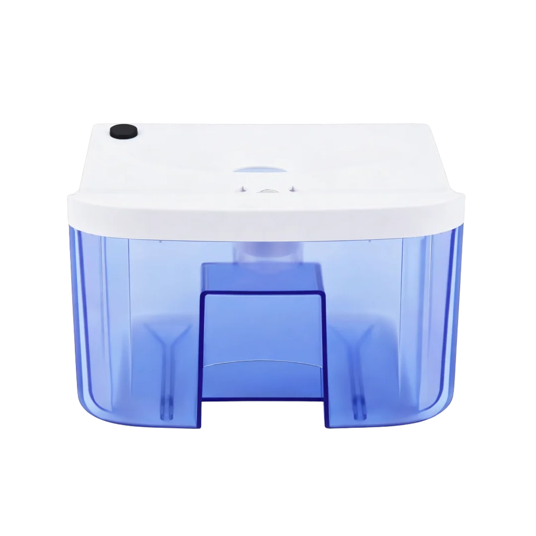 Blue and white dehumidifier tank on a white background