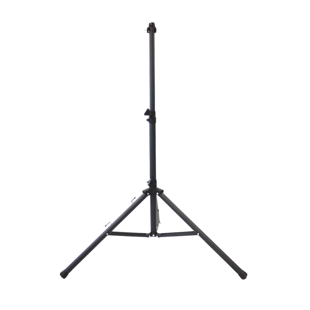 An all black tripod with open legs and full extension on the tripod neck