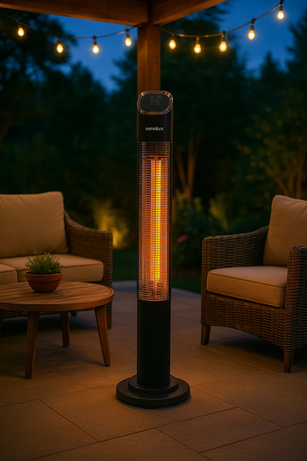 Outdoor patio heater on a patio with chairs and string lights in the background