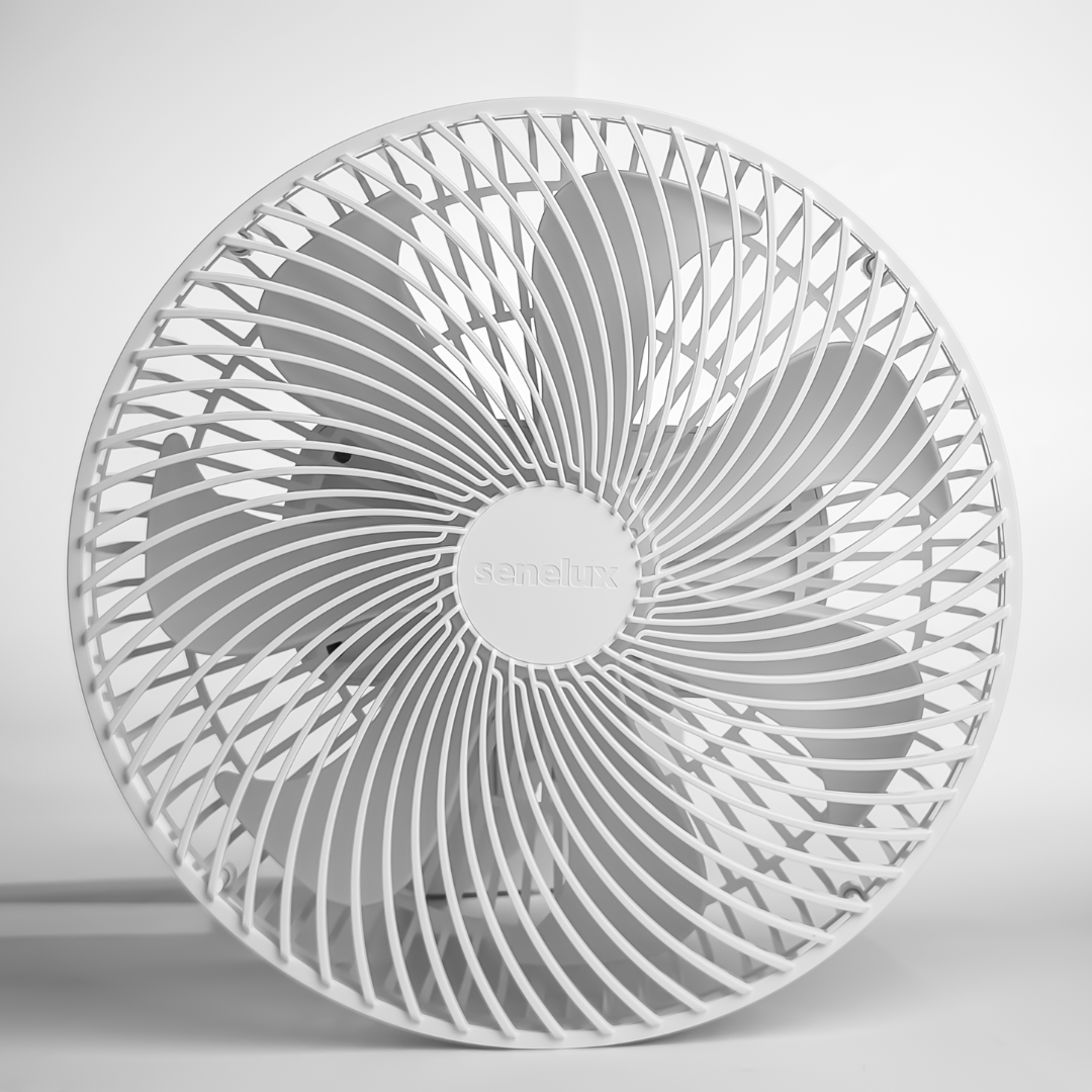 White circular fan with geometric design on a light gray background