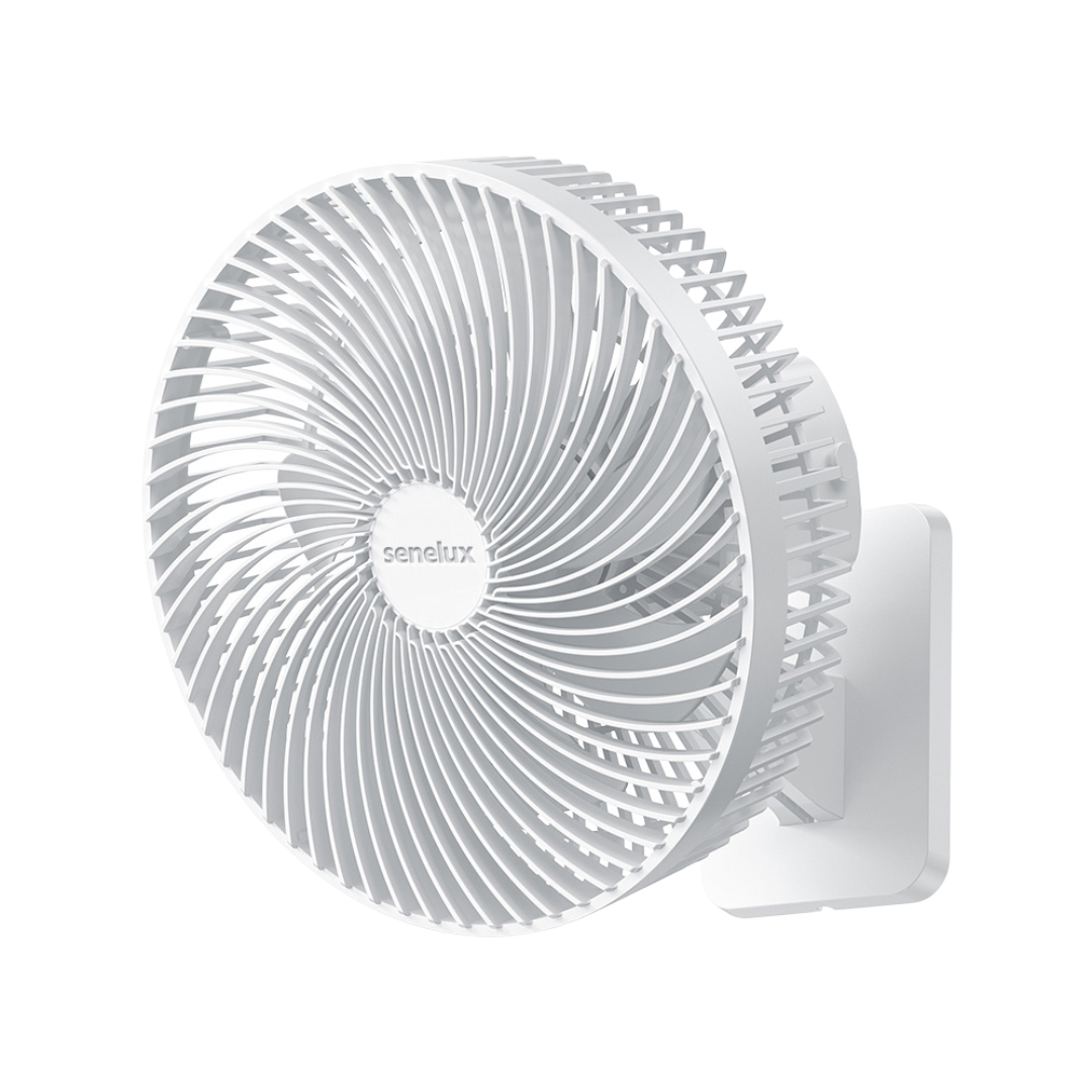 White wall-mounted fan with 'Senelux' branding on a white background