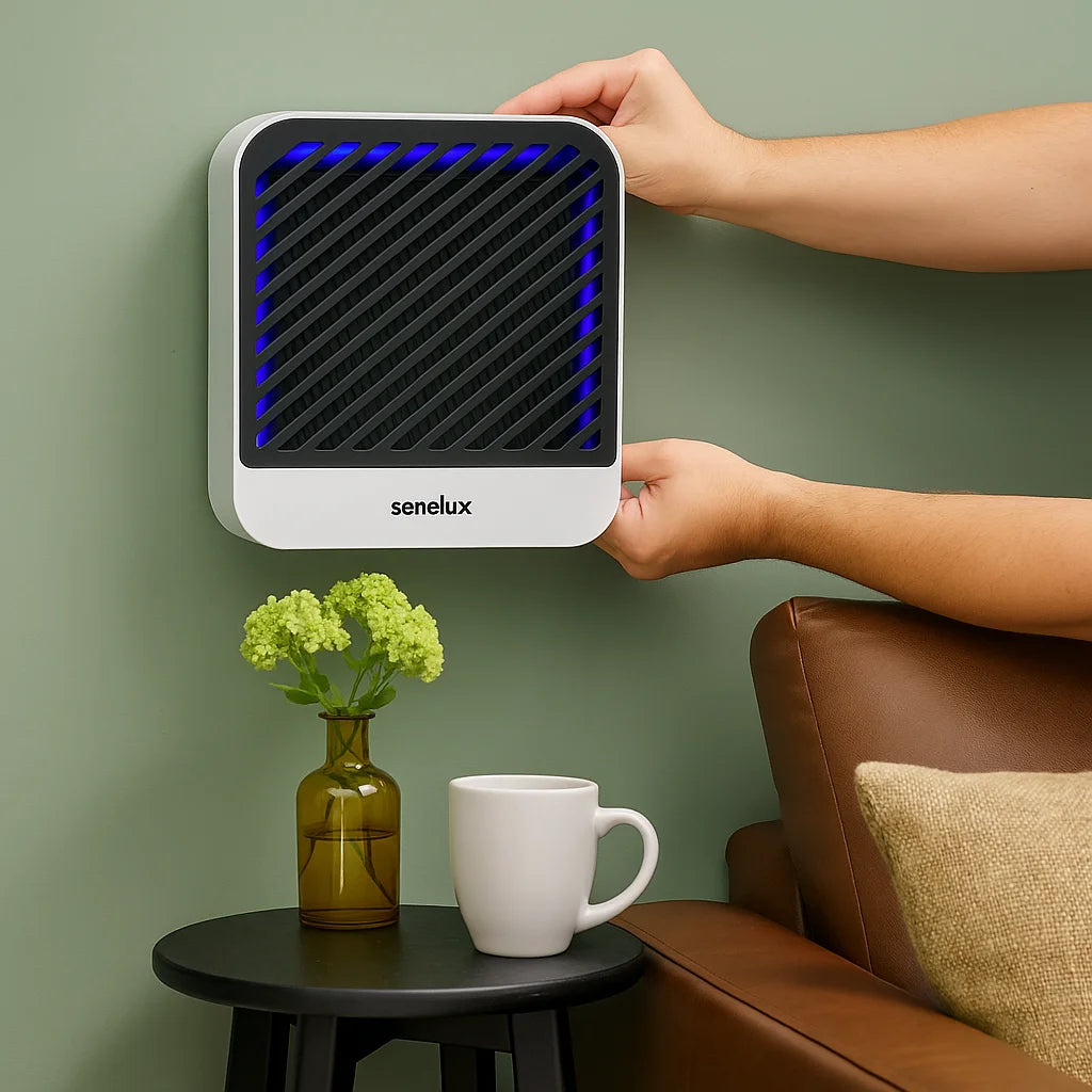 Person holding a Senelux bug zapper against a green wall with a table and chair in the foreground.