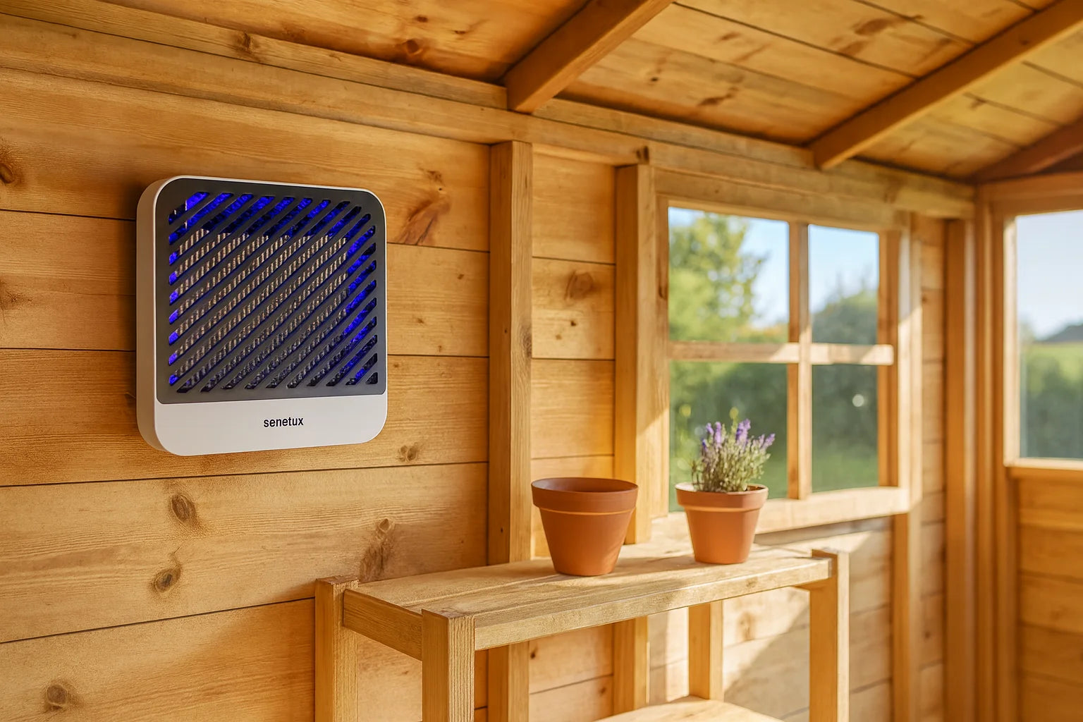 Wooden cabin interior with a wall-mounted device and potted plants.