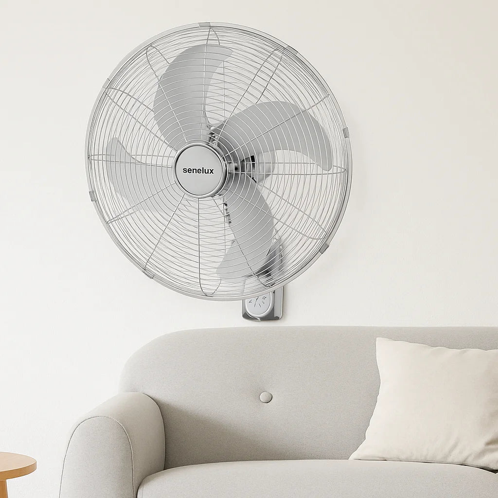 Wall-mounted fan with Senelux logo in a living room setting