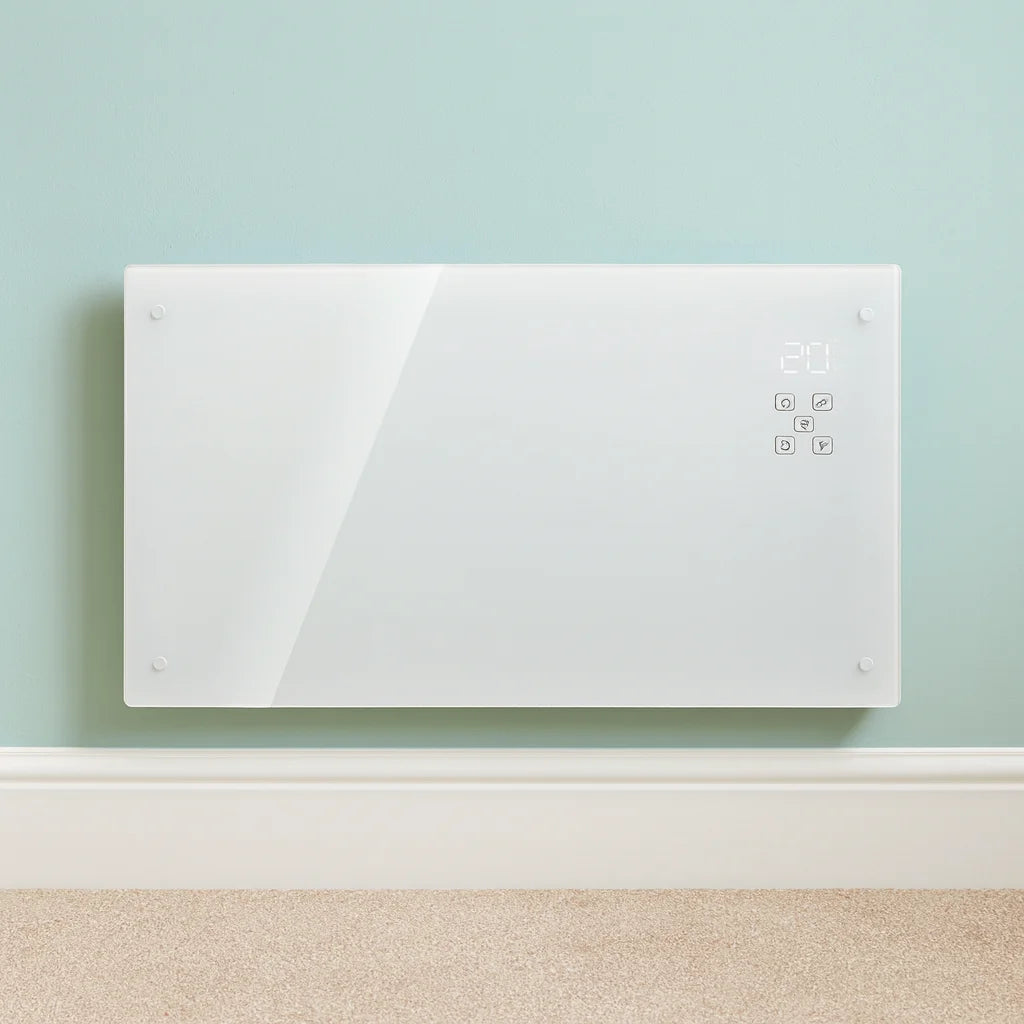 White electric radiator on a light blue wall with beige carpet