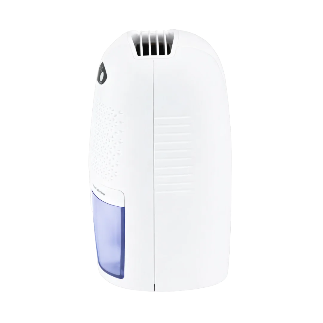 White dehumidifier with a blue light on a white background