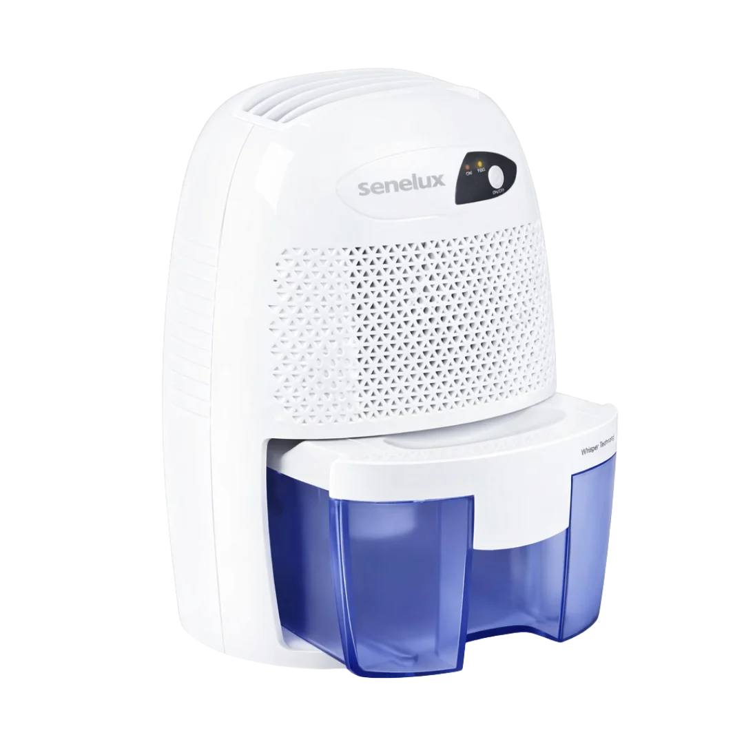 White and blue dehumidifier with 'senelux' branding on a white background
