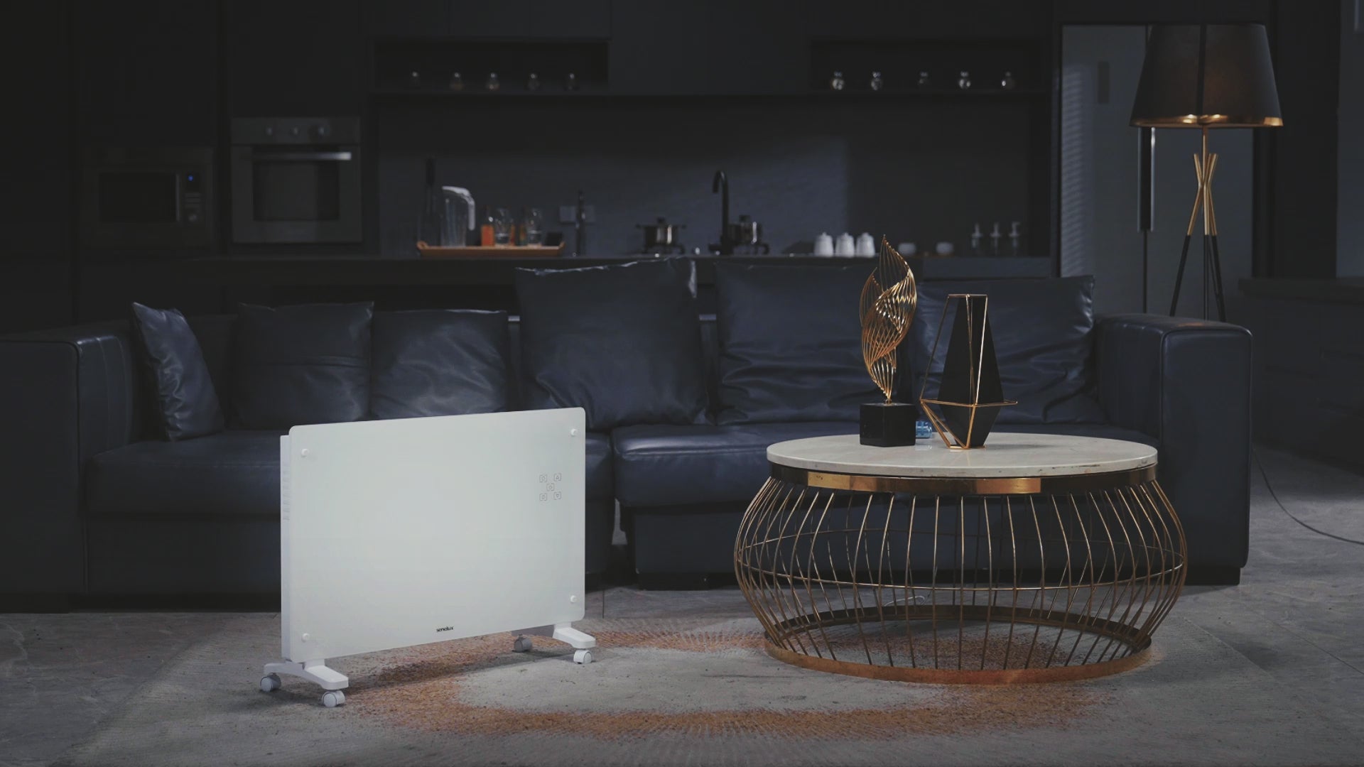 A video showing the glass panel heater in a dark wintery room.