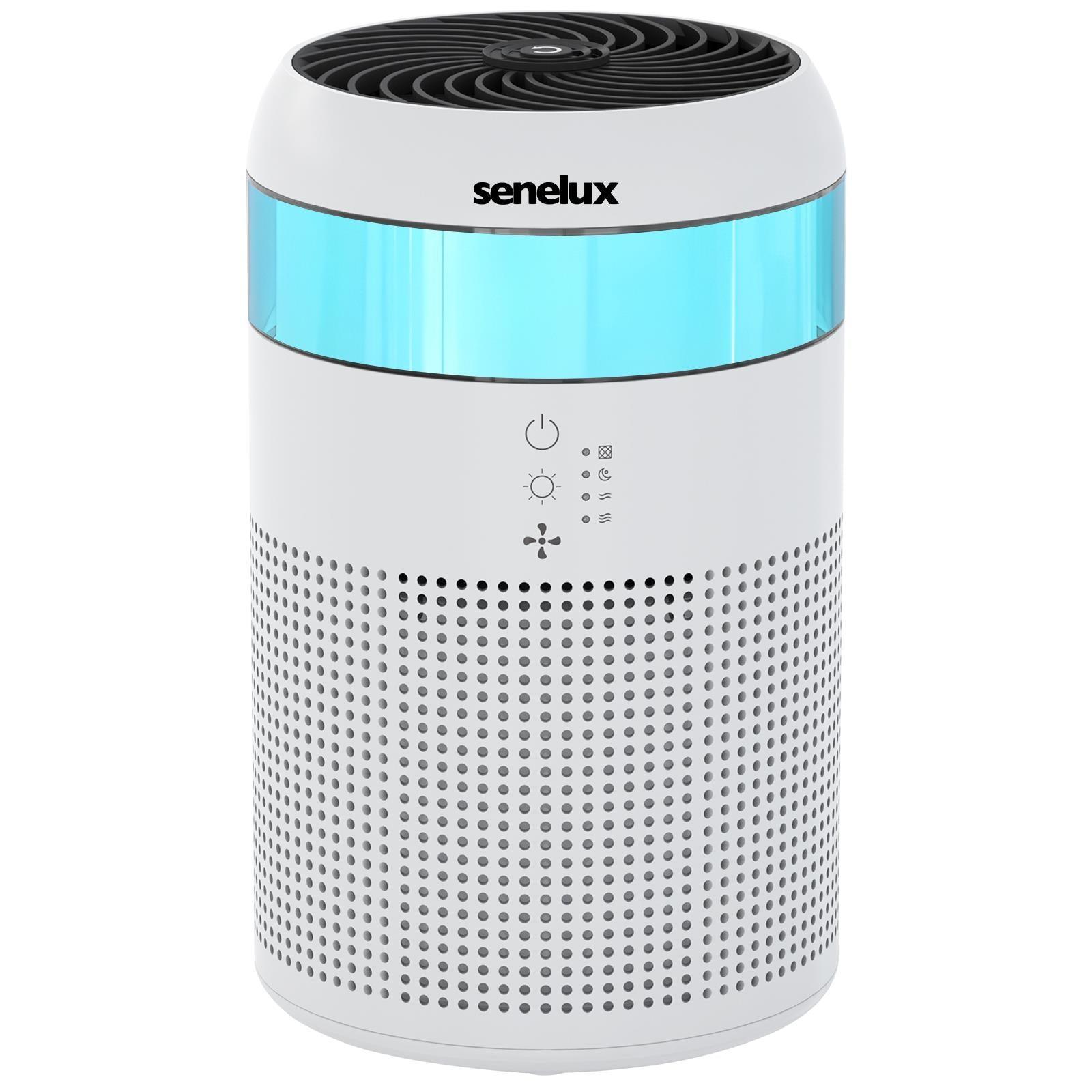 An image of a white and blue futuristic style air purifier