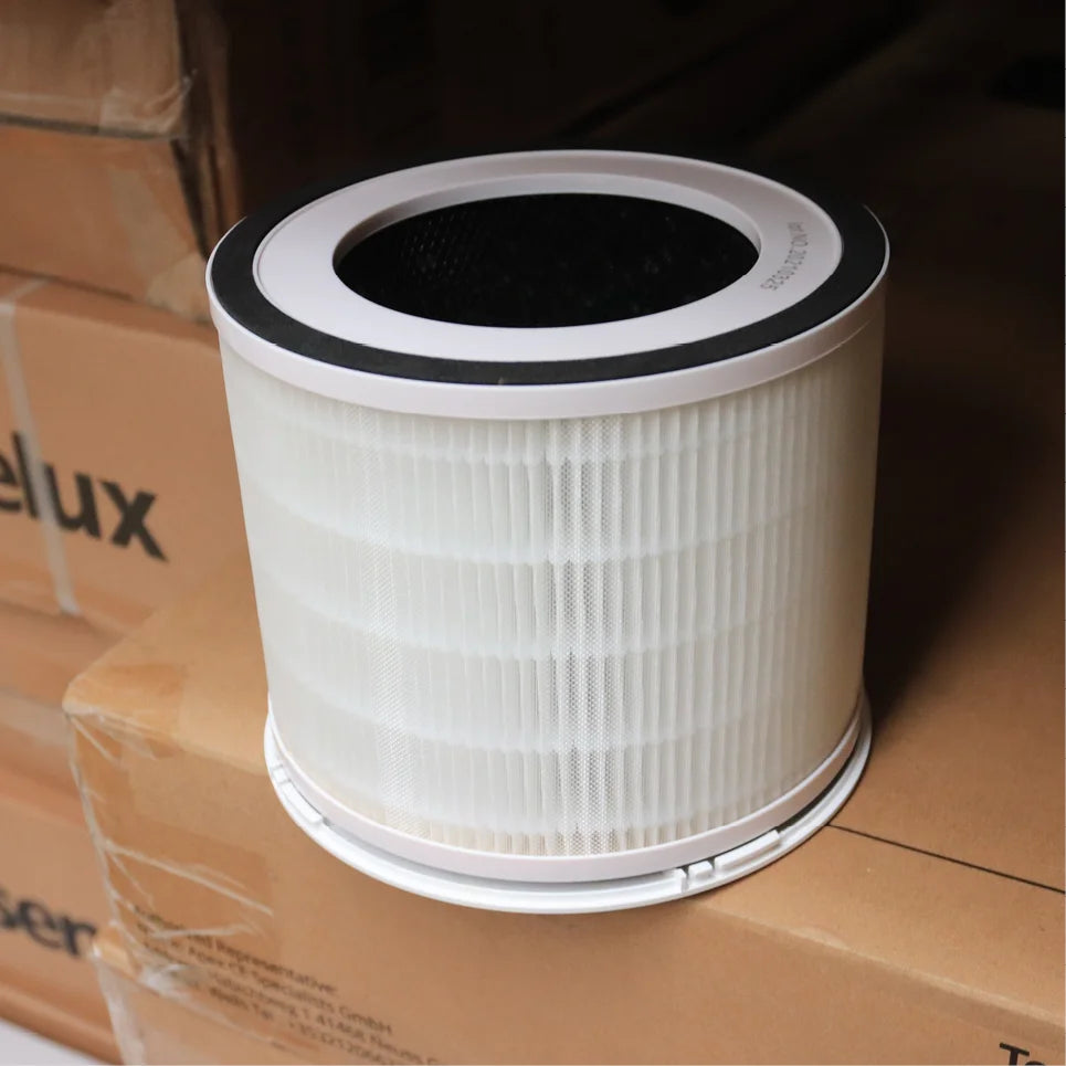 A picture of an advanced HEPA filter for air purifiers resting on Senelux boxes